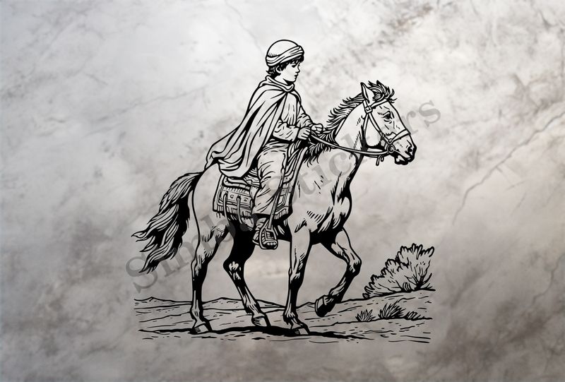 Horse being petted by a Mediterranean boy, outline art