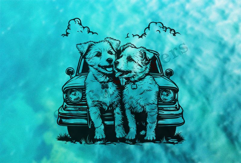 Dogs in love sitting in front of a car, outline art