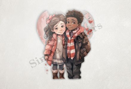 Boy and girl with arms around each other, watercolour