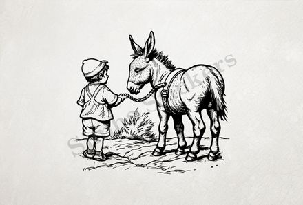 Donkey led on a rope by a small boy in a hat, outline art