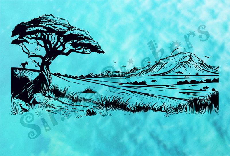 African Savanna landscape, tree up close, mountain range afar, outline art