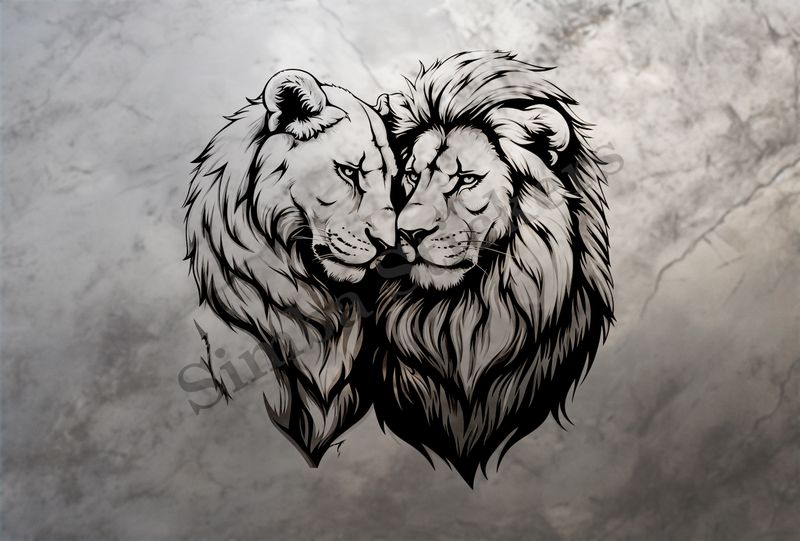 Lion leaning into  lioness, cuddling, outline art