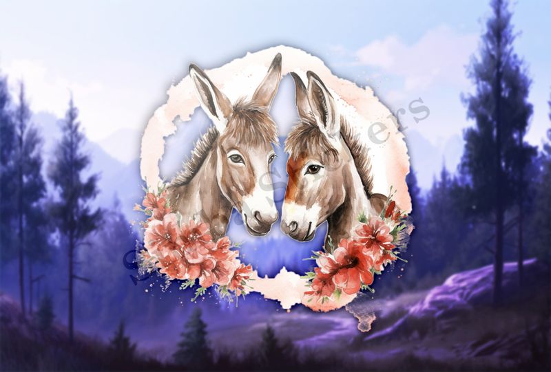 Small donkeys in love, flowers all around, watercolour