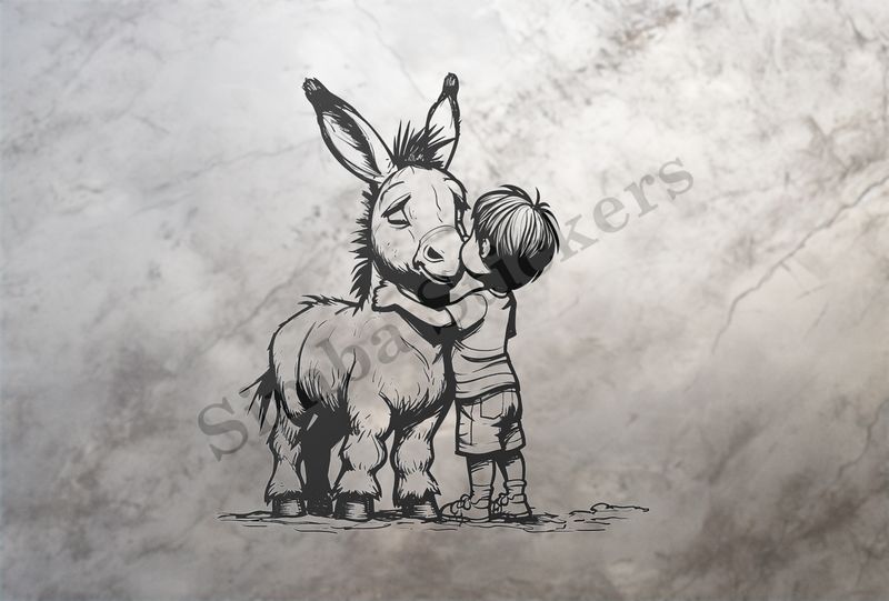 Small donkey hugged by a small boy, outline art