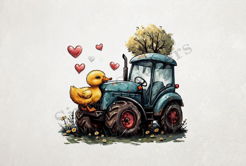Duckling with chin over farmer&#x27;s tractor