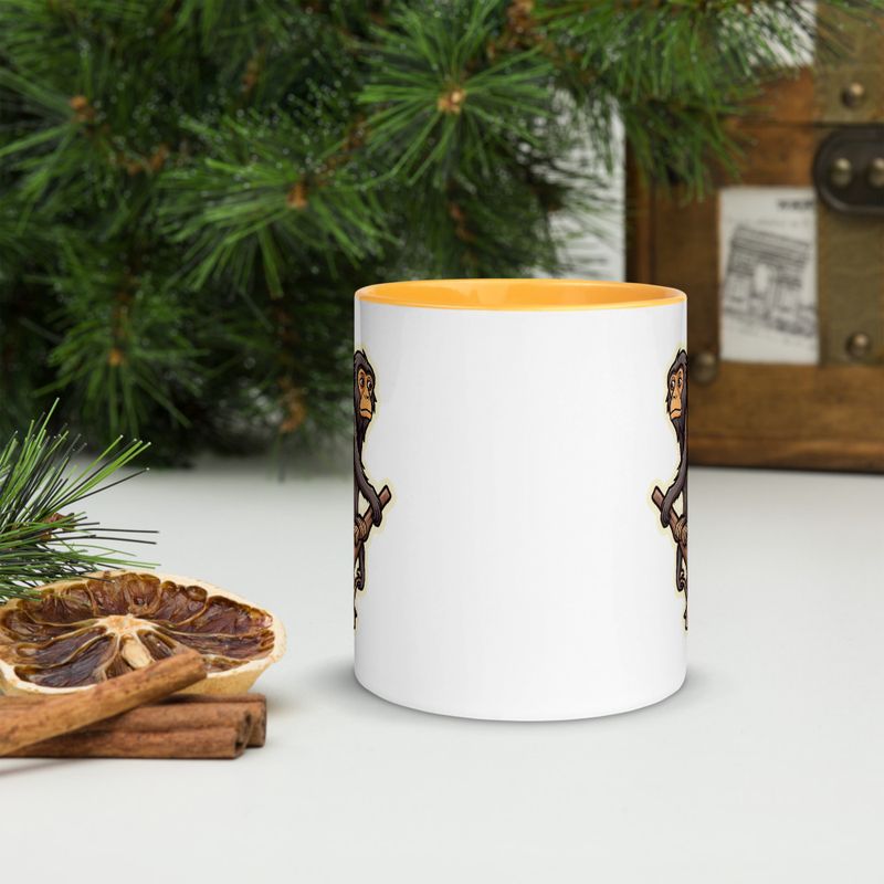 White Ceramic Mug with Color Inside, 11oz &amp; 15oz, Baboon on a tree, looking sad, head-to-head
