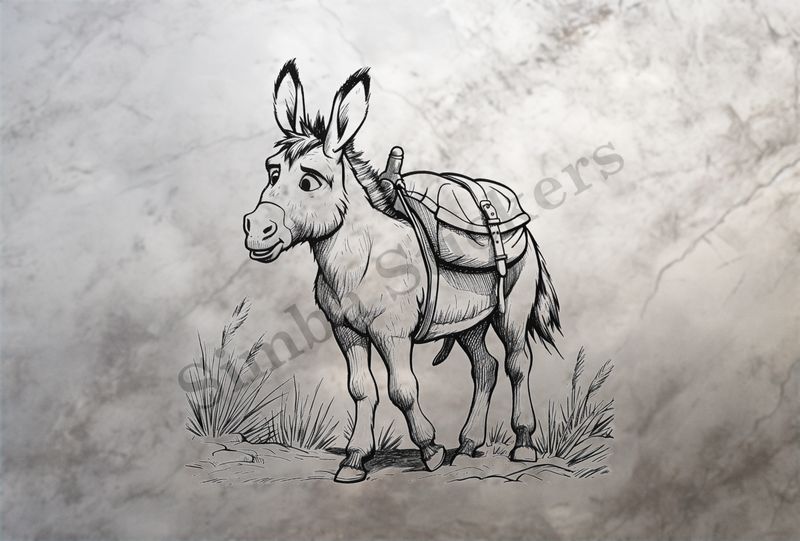 Small donkey carrying packaging, outline art