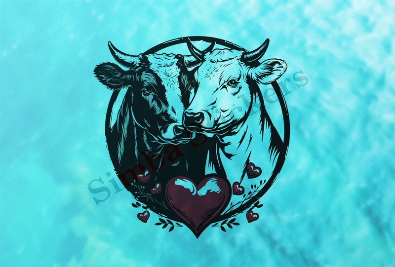 Bull and cow nose-to-nose , in circle, with hearts , outline art