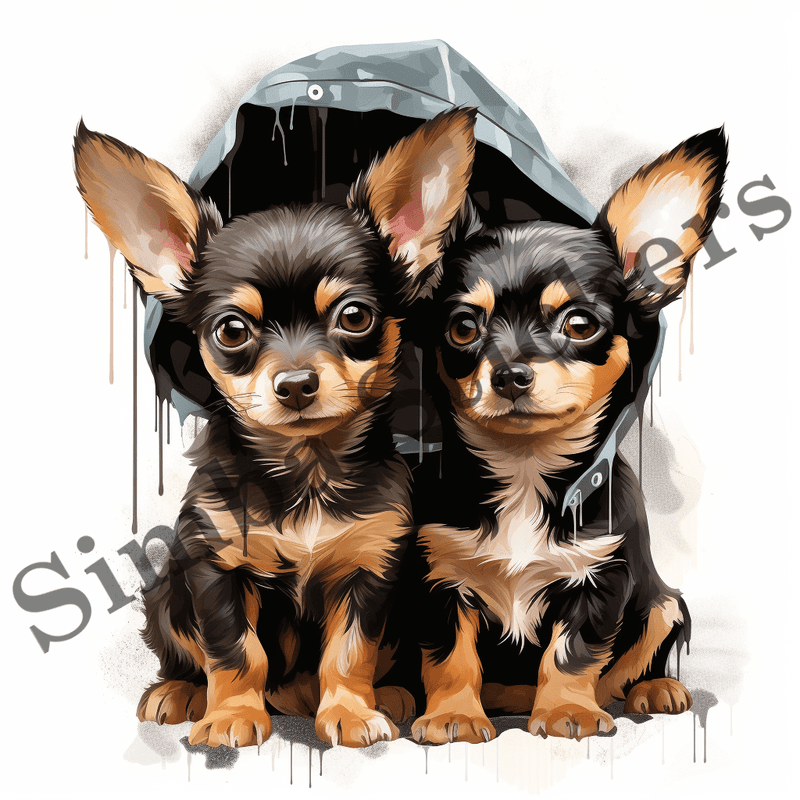 Chihuahua dogs wet in the rain, watercolour, image set, 10 images