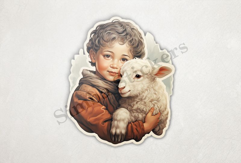 Lamb hugged by small boy , vintage
