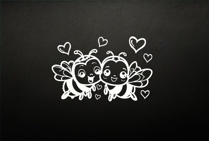 Happy bees in love cheek-to-cheek buzzing, romantic hearts above, outline art