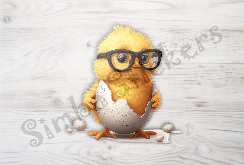 Chick in glasses still in eggshell on hatchday