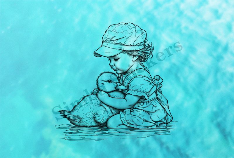 Small girl hugging duckling in a pond wearing a cap, outline art