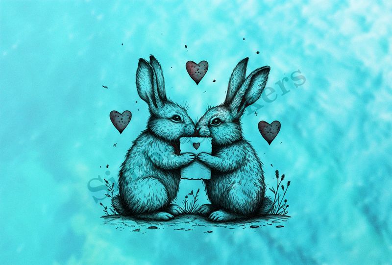 Bunnies in love, nose-to-nose, hearts in air, holding up note, outline art
