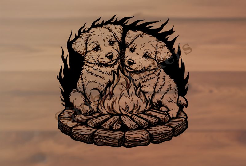 Dogs cuddling by a bonfire, romantic, outline art