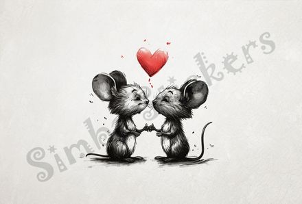 Mice about to kiss, romantic heart above, outline art