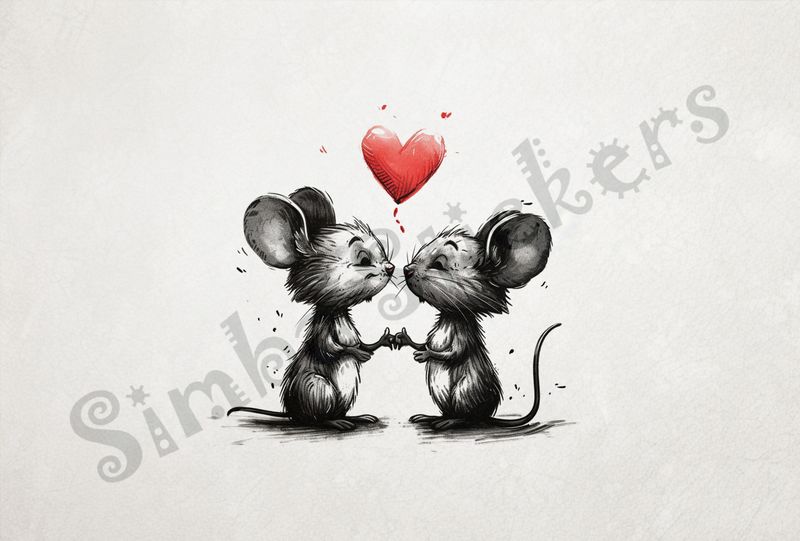 Mice about to kiss, romantic heart above, outline art
