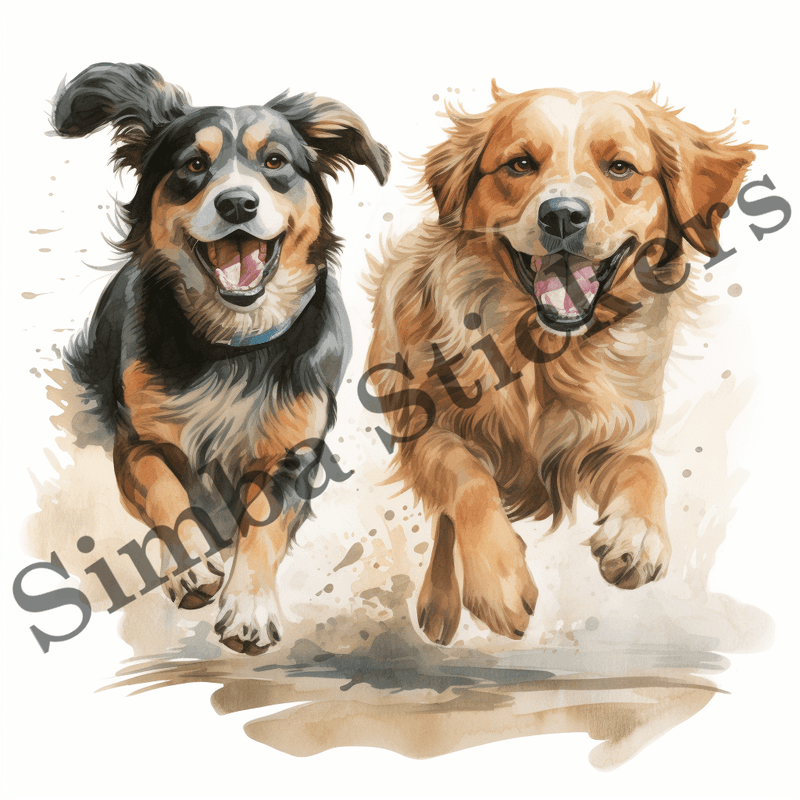 Dogs running, chasing each other, watercolour, image set, 10 images