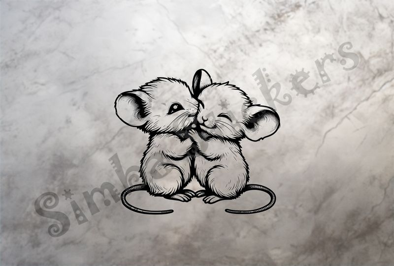 Baby mice cheek-to-cheek happily,  outline art