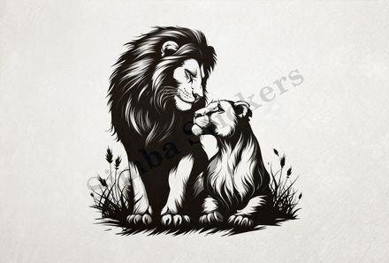 Lioness cuddling and looking up to lion ,  outline art