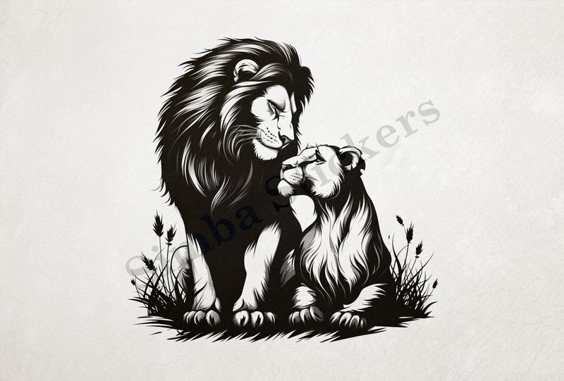 Lioness cuddling and looking up to lion ,  outline art