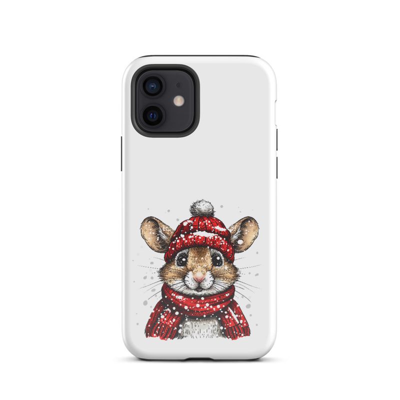 Tough Case for iPhone, Mouse wearing red winter hat and scarf in the snow, xg8dl3