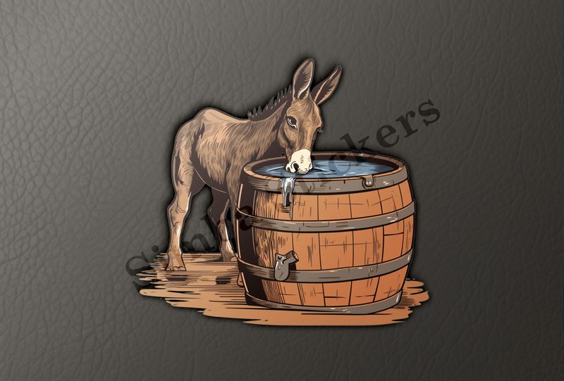 Donkey drinking water from large wooden barrel