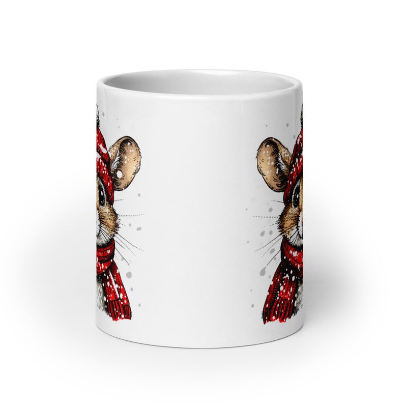 White Glossy Mug, 20oz, Mouse wearing red winter hat and scarf in the snow, xg8dl3