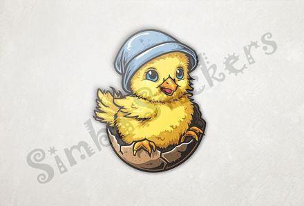 Chick in hat with feet on half-intact eggshell