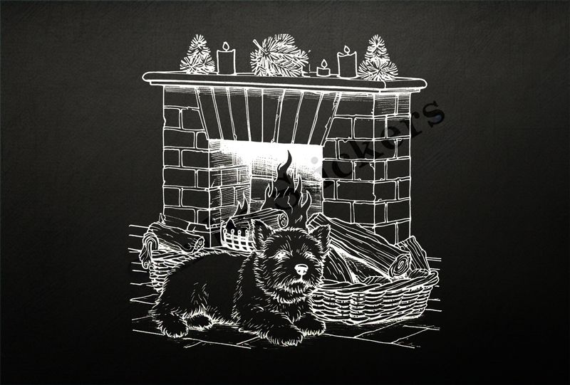 Dog by the fireplace, outline art
