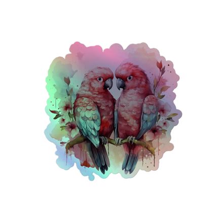 Kiss-Cut Holographic Sticker, Reddish parrots perching in pinkish background, kzebwr, mirrored