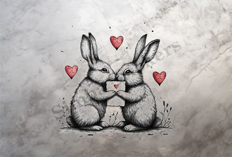 Bunnies in love, nose-to-nose, hearts in air, holding up note, outline art