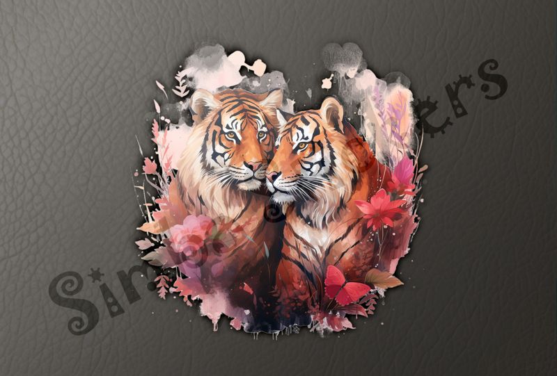 Tigers in love in reddish flowers and butterfly, watercolour