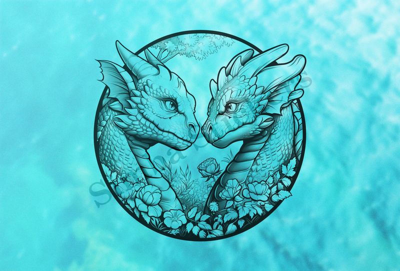 Dragons nose-to-nose in love, with flowers, in circle, outline art