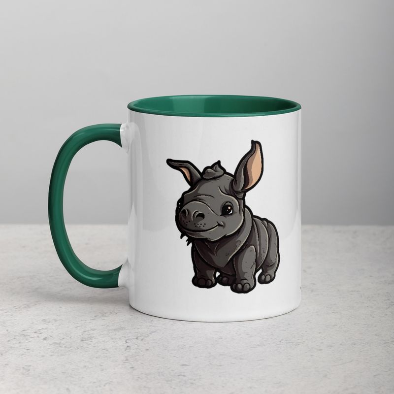 White Ceramic Mug with Color Inside, 11oz &amp; 15oz, Black rhino calf looking cute 