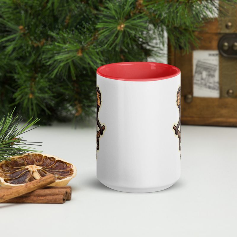 White Ceramic Mug with Color Inside, 11oz &amp; 15oz, Baboon on a tree, looking sad, head-to-head