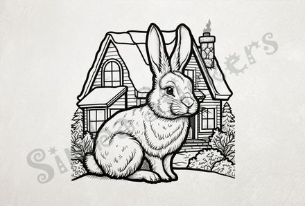 Hare outside a home, outline art