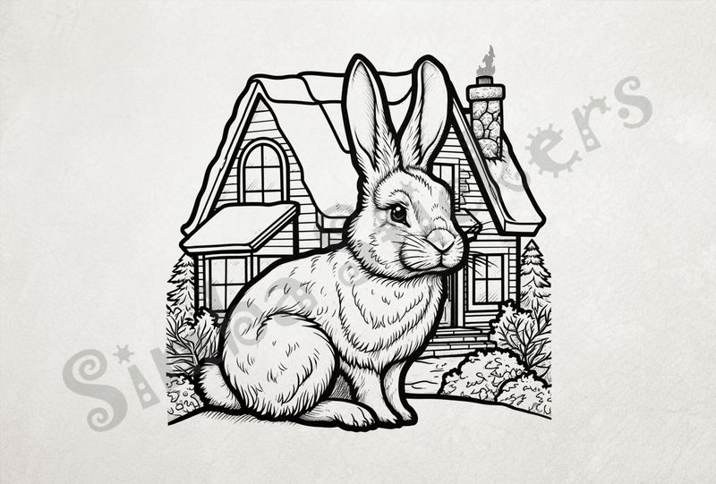 Hare outside a home, outline art