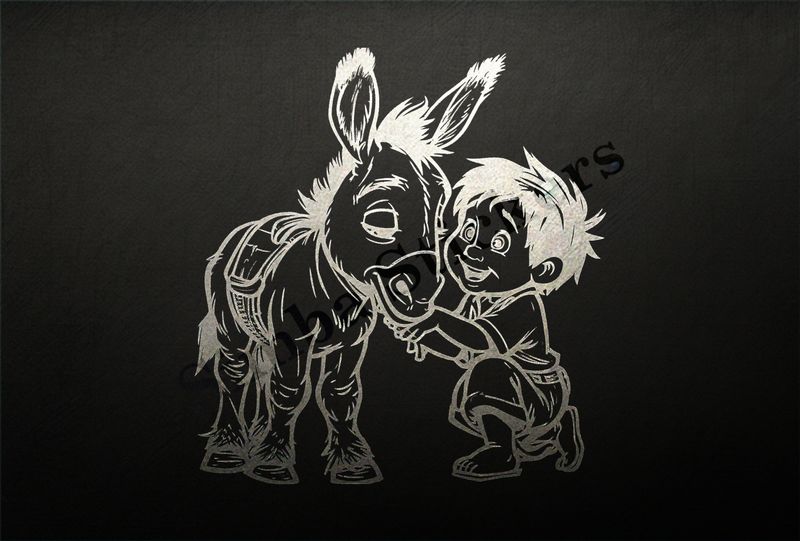 Donkey child pat on the chin by a small boy, outline art