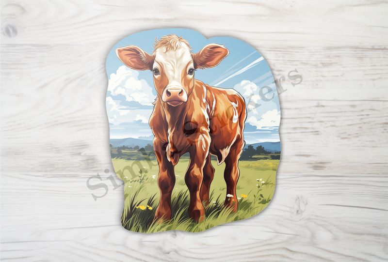 Cattle calf in a field of grass under cloudy sky