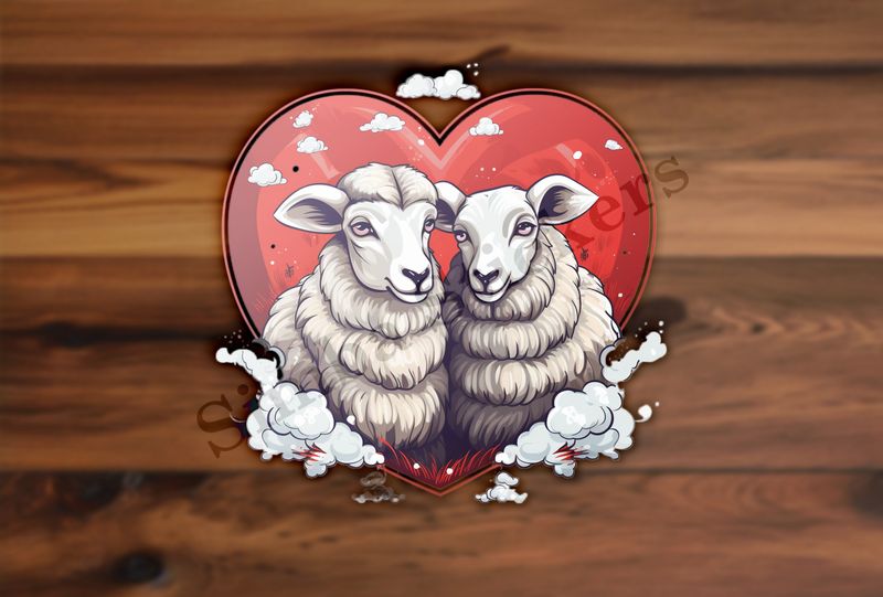 Sheep ewe and ram in love,  read heart, white clouds