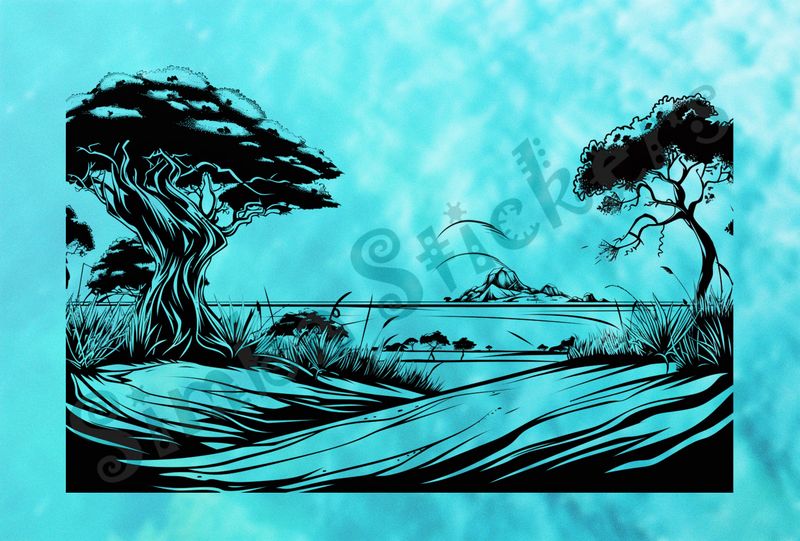 African Savanna landscape, hills in background, outline art