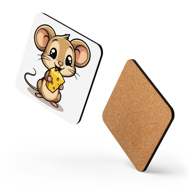 Cork-Back Coaster, Small Mouse happily licking large chunk of cheese, pqapy6, mirrorred