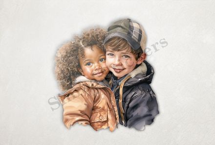 Girl and boy cheek-to-cheek, boy in hat