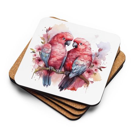 Cork-Back Coaster, Reddish parrots perching in pinkish background, watercolour, kzebwr