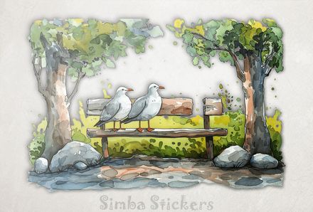 Seagulls on a park bench, watercolour, mzstmr