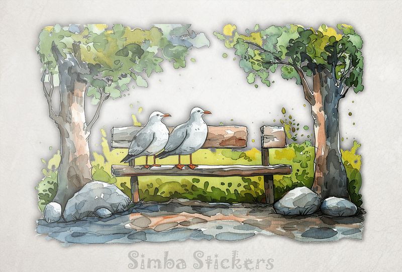 Seagulls on a park bench, watercolour, mzstmr