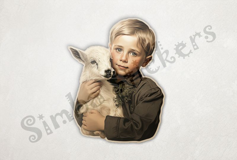 Goat kid in arms of blonde boy