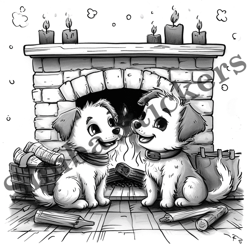 Dogs cuddling by fireplace, outline art, image set, 10 images