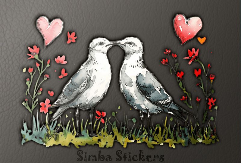 Seagulls in love beak-to-beak, Valentine&#x27;s hearts above, watercolour, phex4f